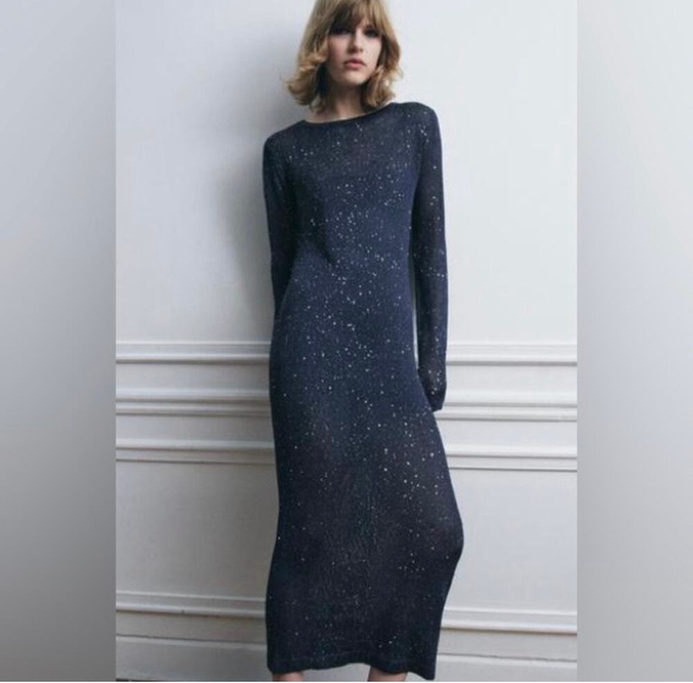 Zara Long Knit midi dress long sleeves, sheer sequins new size S navy blue